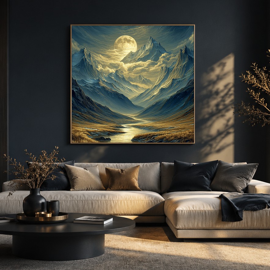 Moon landscape wall art above modern living room sofa