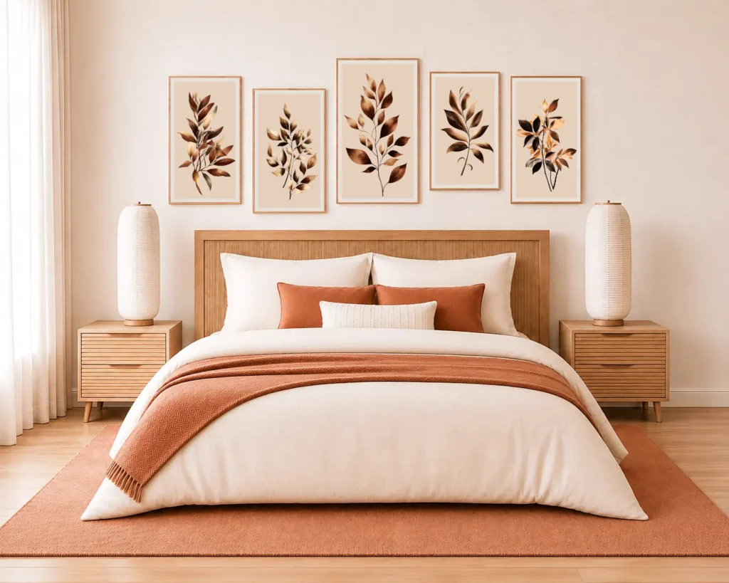 Five framed beige terracotta botanical prints arranged above a bed in a bright neutral bedroom with cream bedding, terracotta pillows, light wood nightstands, paper lamps, and a soft earthy rug.