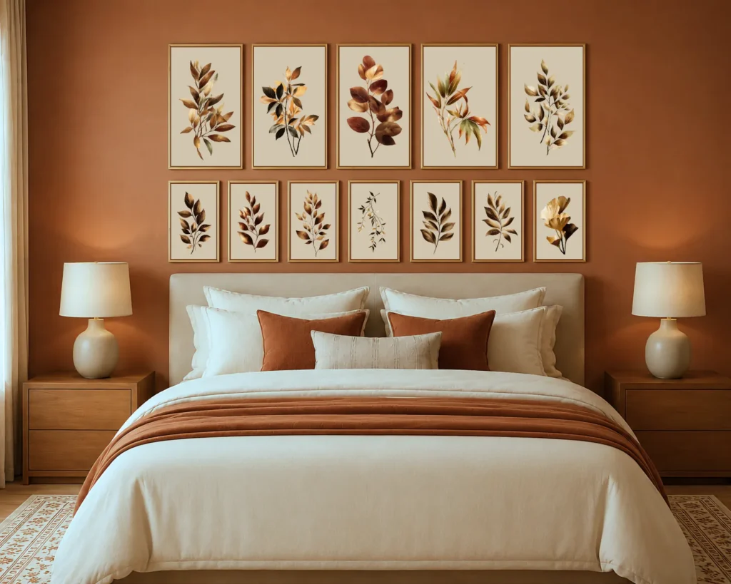 Beige terracotta botanical gallery wall above a bed in a warm neutral bedroom, featuring twelve framed botanical prints in terracotta, beige, clay, and soft brown tones above cream bedding with terracotta accents.