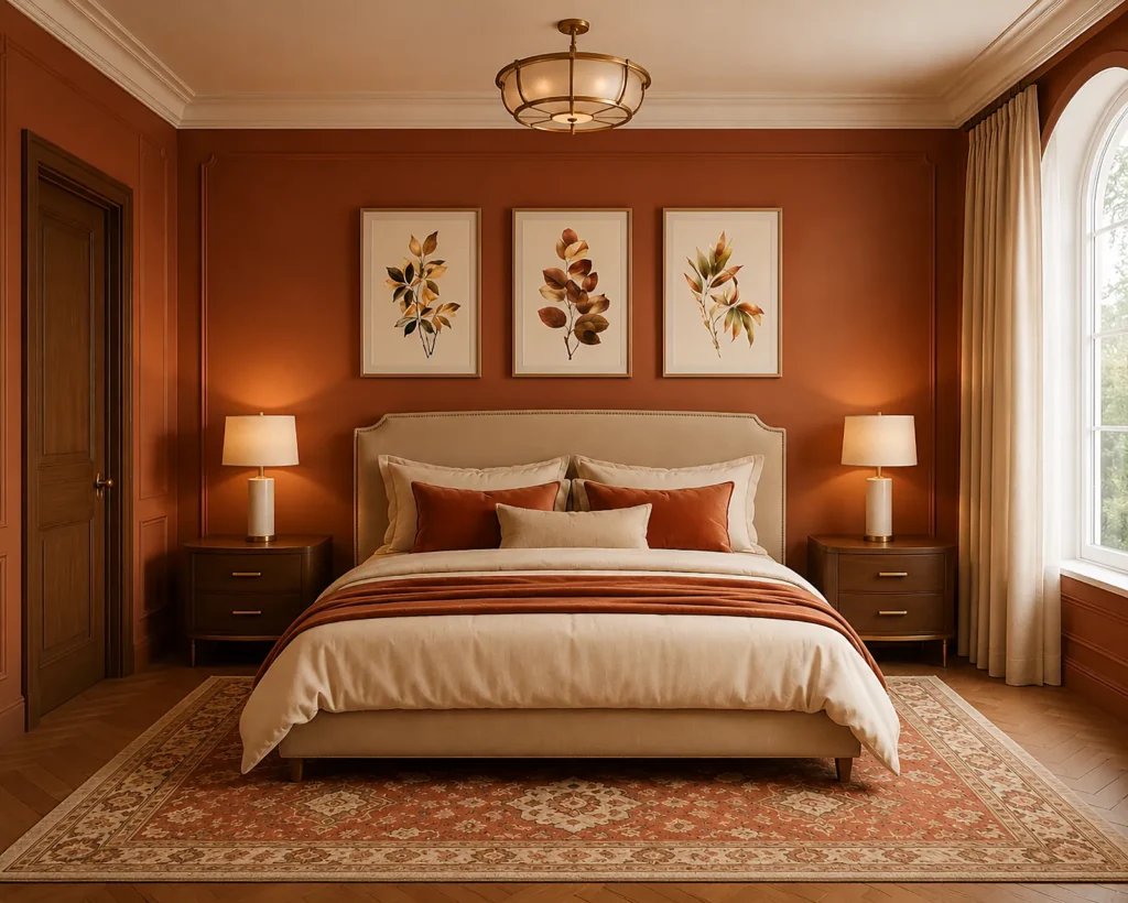 Set of three framed beige terracotta botanical prints above a bed in an elegant warm bedroom with a terracotta wall, cream bedding, rust pillows, dark wood nightstands, and soft neutral curtains.