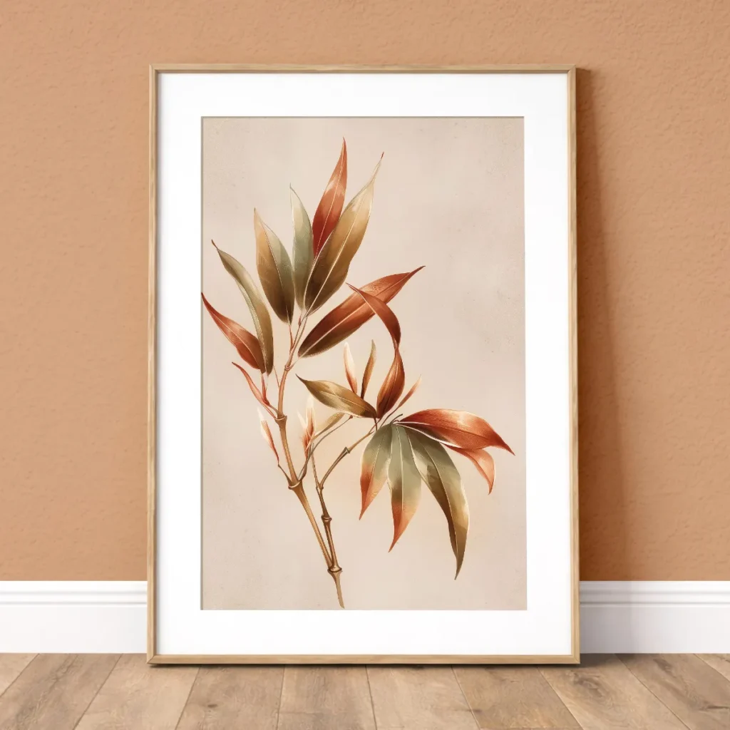 Framed beige terracotta botanical print with warm orange-brown leaves, soft ivory paper tones, and a light wood frame on a terracotta wall.