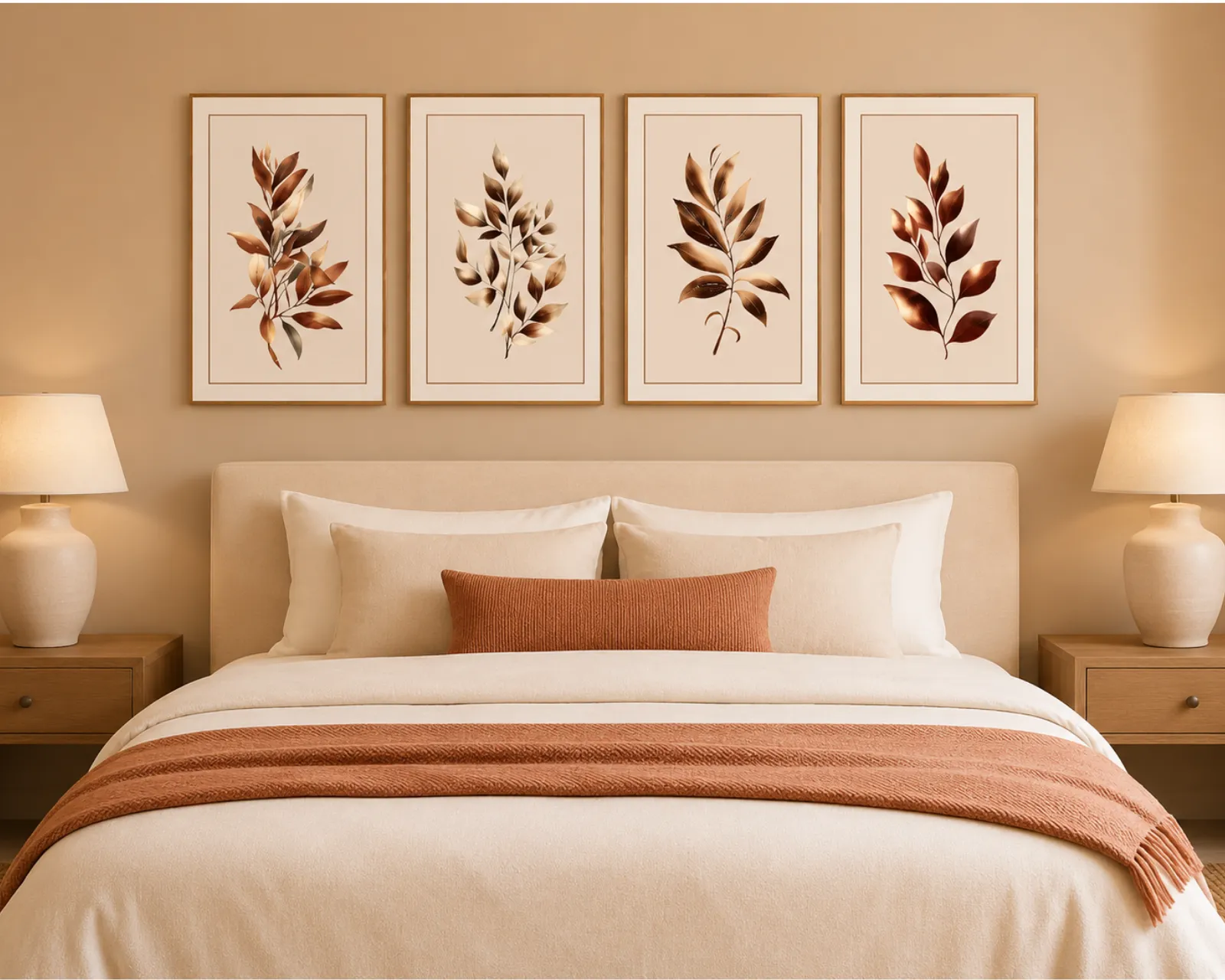 Beige terracotta bedroom styling with four botanical prints above a neutral bed.