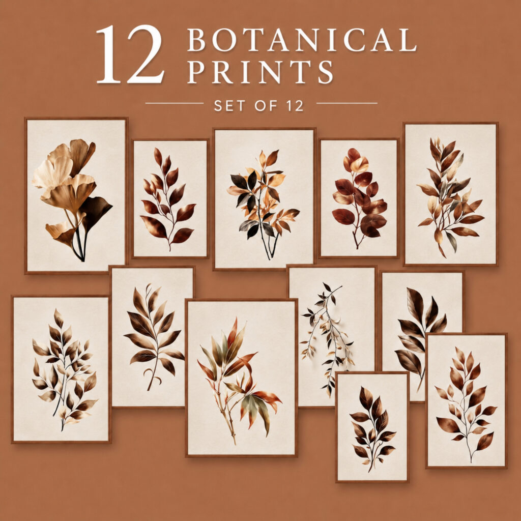 Set of 12 beige terracotta botanical wall art prints arranged on a warm terracotta background, featuring eucalyptus, ficus, ginkgo, myrtle, almond, bamboo, beech, birch, olive, plum, ruscus, and willow-inspired botanical artwork.