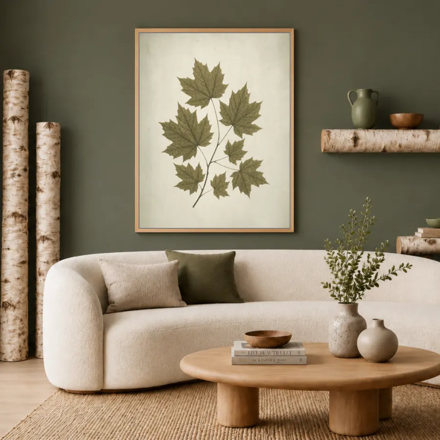 Framed botanical wall art with green maple leaves displayed above a cream sofa in a calm living room with natural wood decor and soft green tones.