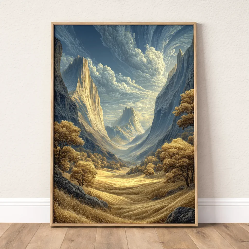 Valley wall art with golden light, dramatic mountains, and layered distant horizon