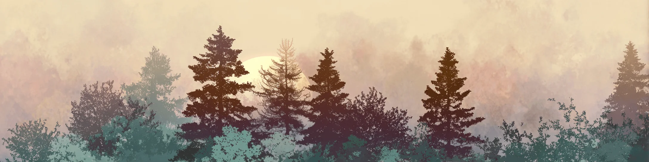 Atmospheric forest landscape banner for Caldra Art with soft trees, misty light and muted natural colors.