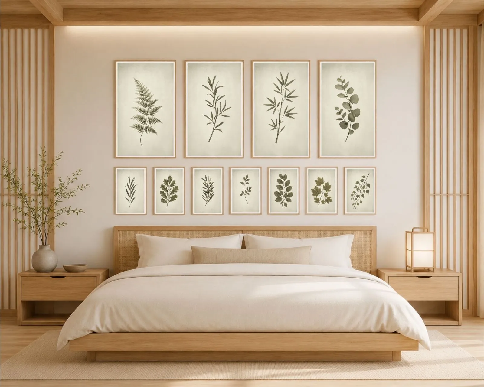 Japandi bedroom with a mixed-size vintage green botanical gallery wall above a light wood platform bed.