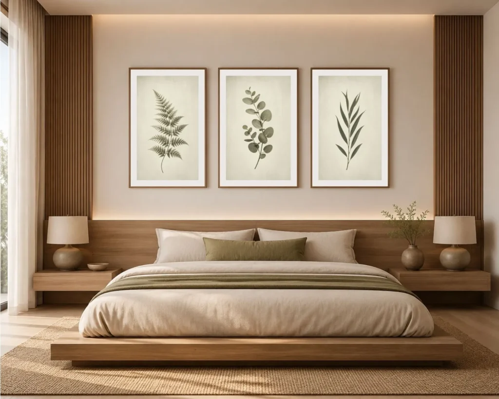 Japandi bedroom with three vintage green botanical prints arranged above a wood platform bed.