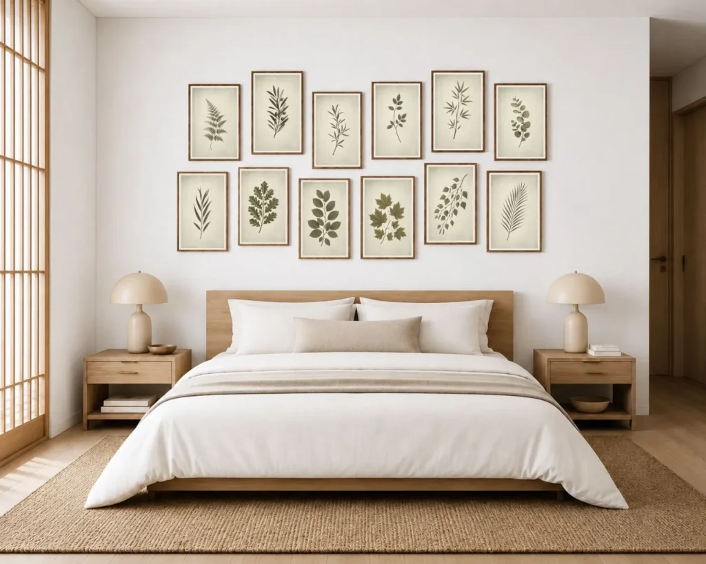 Japandi bedroom with twelve vintage green botanical prints arranged above a light wood bed.