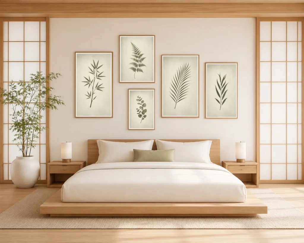 Japandi bedroom with five vintage green botanical prints in a mixed-size arrangement above a light wood platform bed.