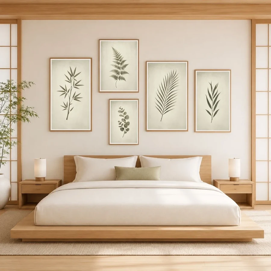 Japandi bedroom styling with five vintage green botanical prints above a light wood platform bed.
