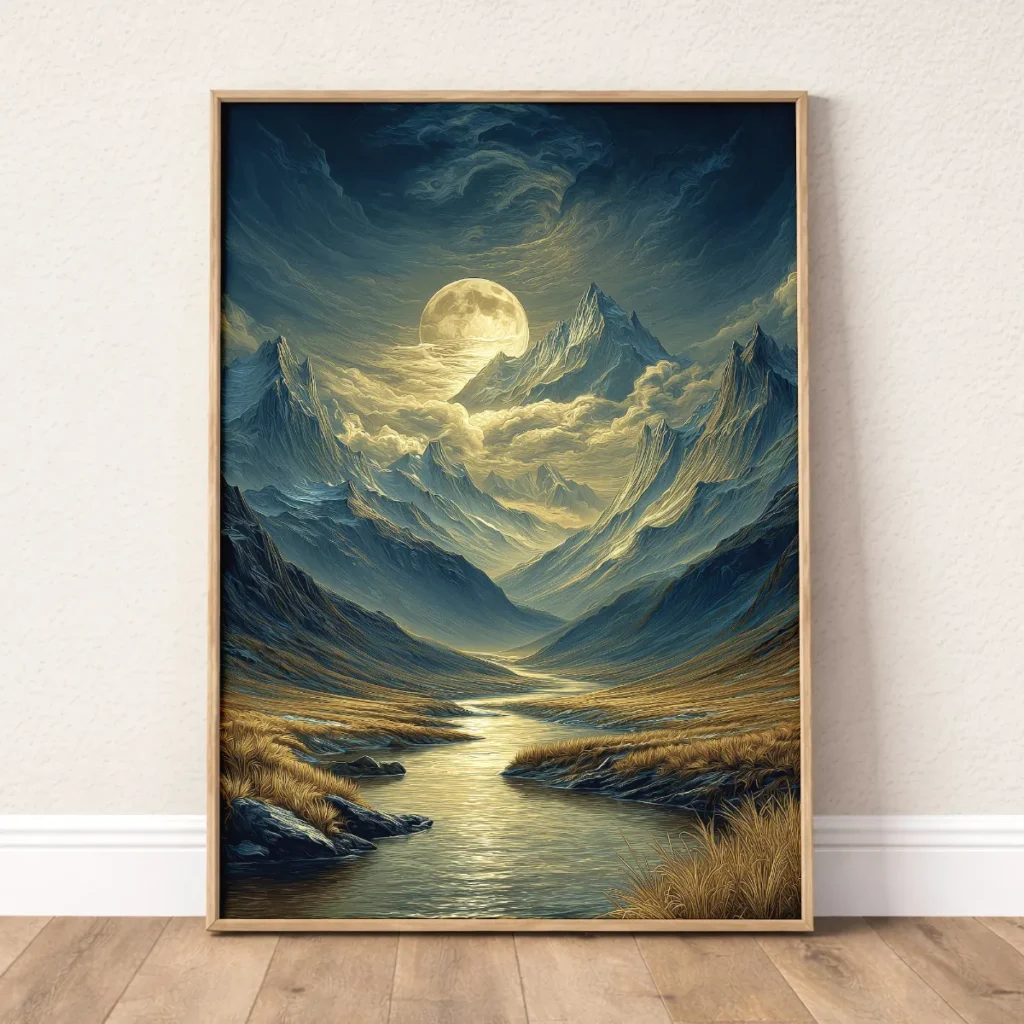Valley wall art with moonlit mountains, reflective water, and dramatic sky