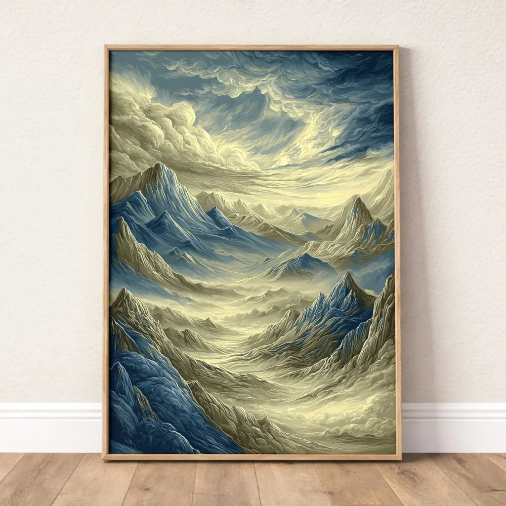 Valley wall art with layered mountain peaks, dramatic sky, and distant golden light