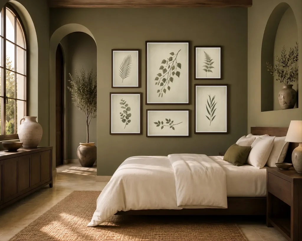 Olive green Mediterranean bedroom with a vintage botanical gallery wall above the bed, dark wood frames, cream bedding, arched architecture, and warm natural textures.