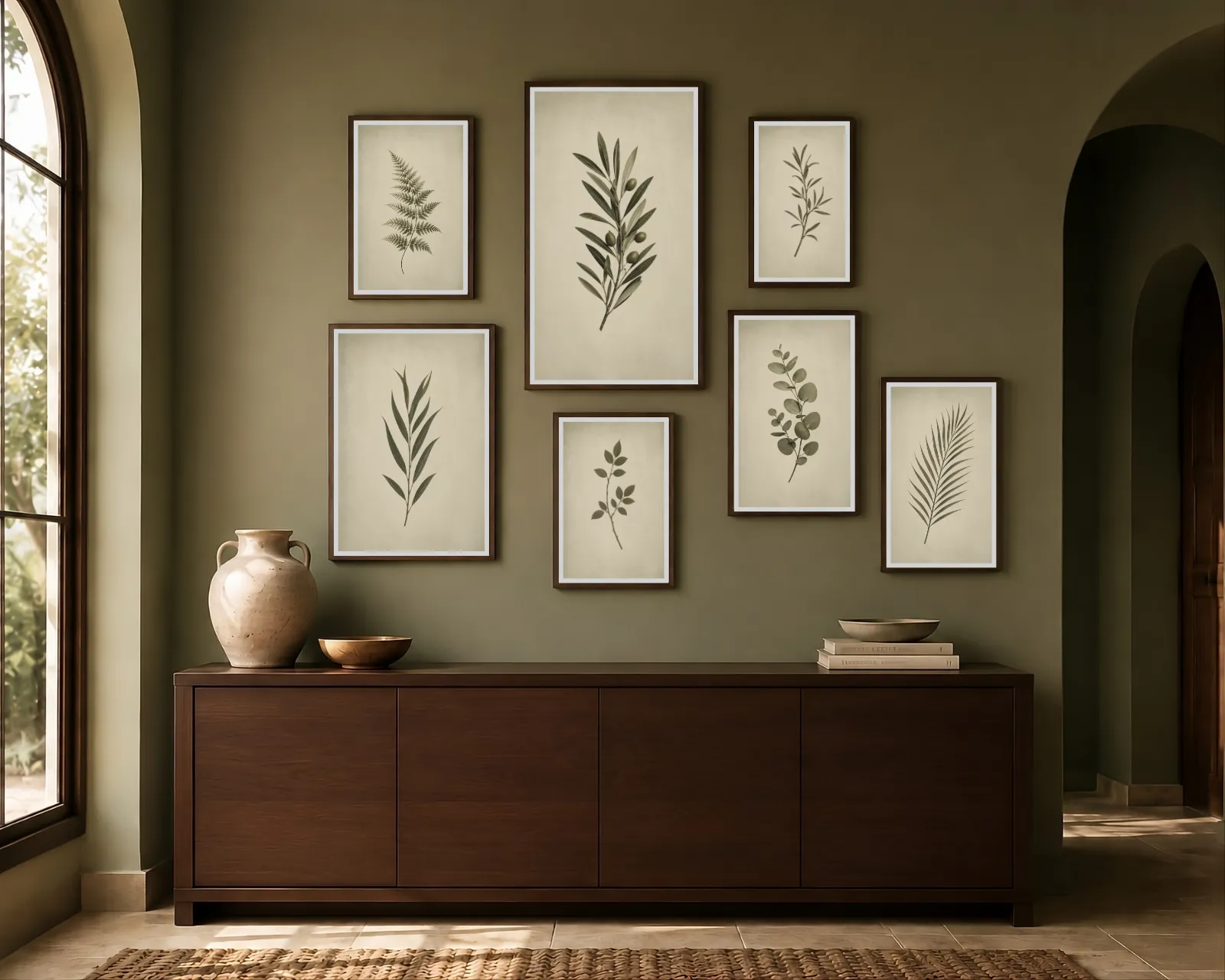 Olive green room with a dark wood sideboard and a seven-piece vintage botanical gallery wall in matching dark wood frames, styled with warm Mediterranean decor.