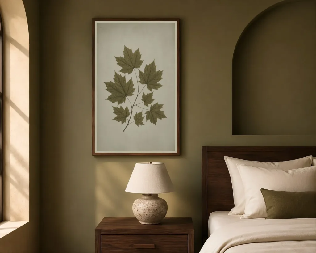 Olive green bedroom bedside corner with one large framed botanical print above a dark wood nightstand, cream bedding, ceramic lamp, and warm Mediterranean-style light.
