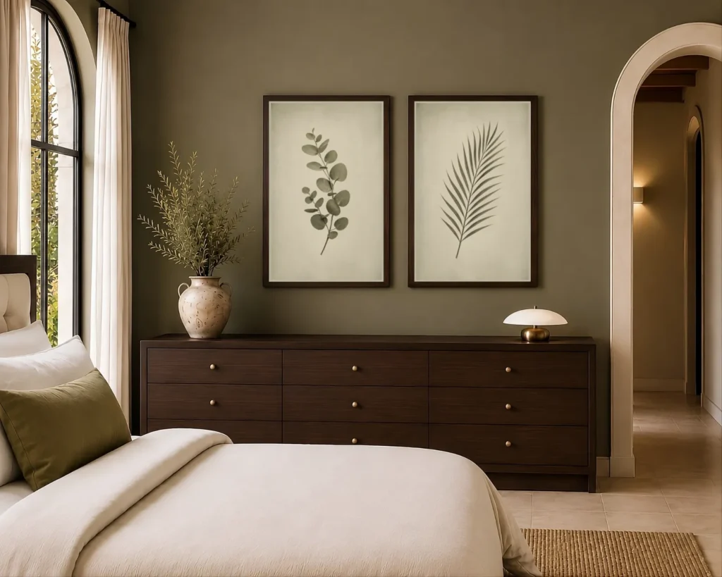 Mediterranean olive green bedroom with two framed vintage botanical prints above a dark wood dresser, cream bedding, olive green wall, arched window, and warm natural light.