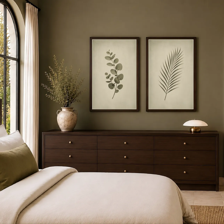 Olive green bedroom styling with two vintage green botanical prints above a dark wood dresser.