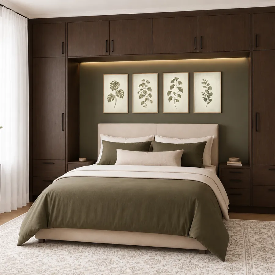 Organic modern bedroom styling with vintage green botanical wall art above the bed.