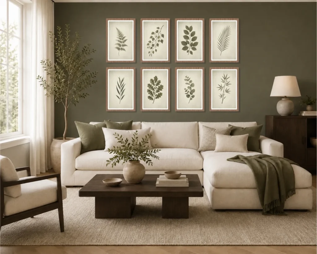 Organic modern living room with vintage green botanical wall art arranged above a cream sofa.