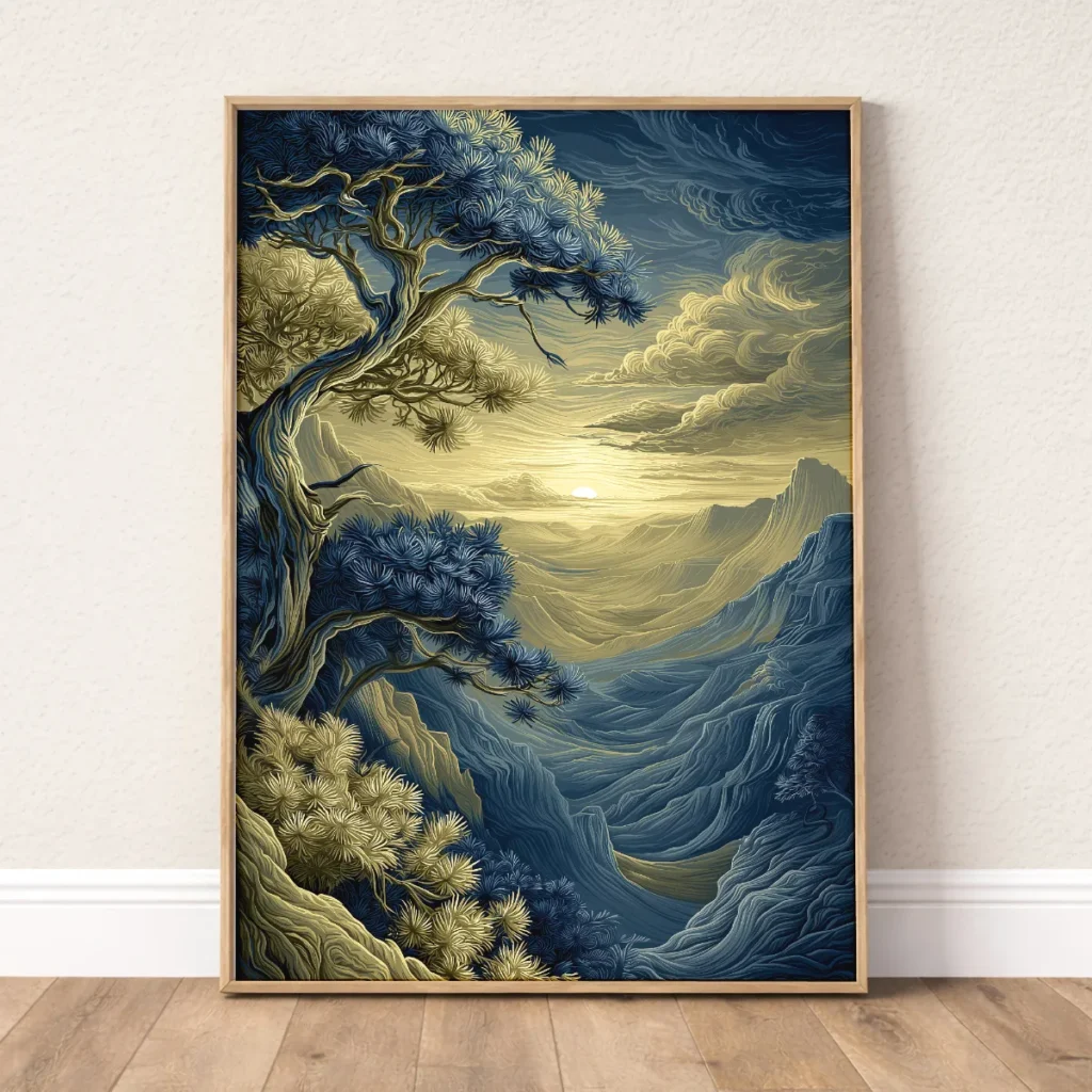 Valley wall art with pine trees, golden sunset, and layered mountain landscape
