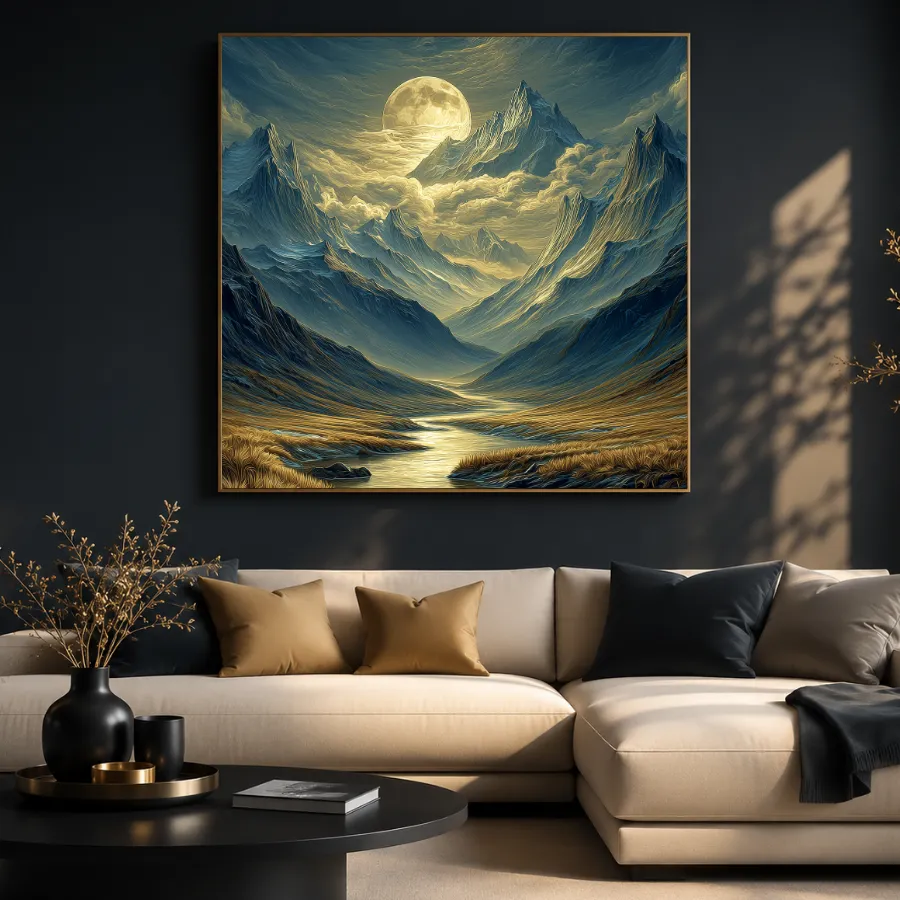 River moon wall art displayed above a cream sofa in a dark living room, featuring a dramatic mountain landscape with golden light and deep blue tones.