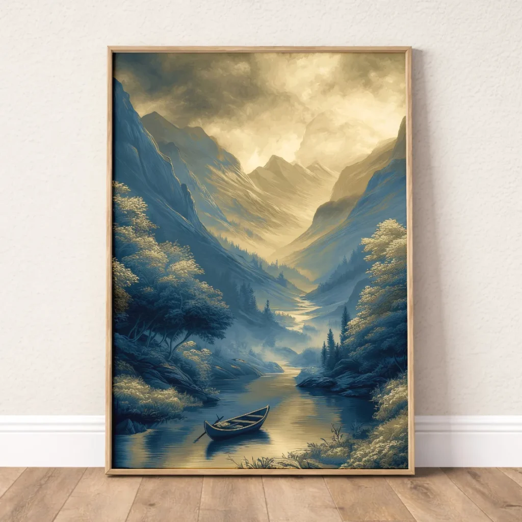 Valley wall art with a quiet river, small boat, distant mountains, and golden light