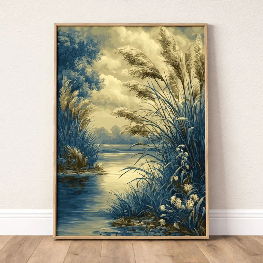 River wall art with reeds, reflective water, and atmospheric natural light