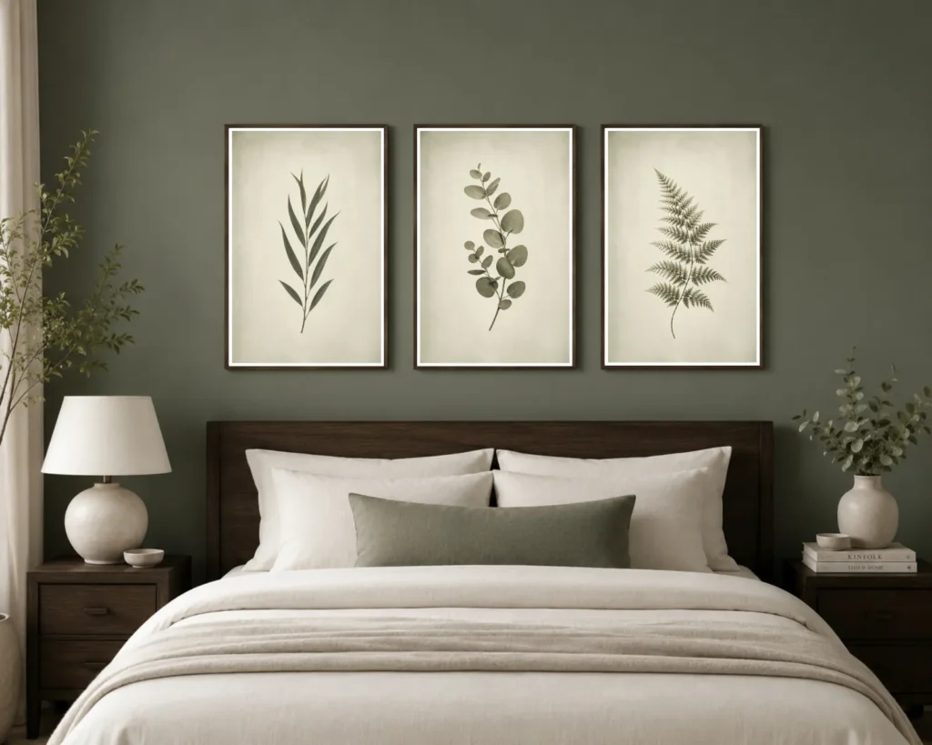 Three vintage green botanical prints above a bed in an organic modern bedroom.