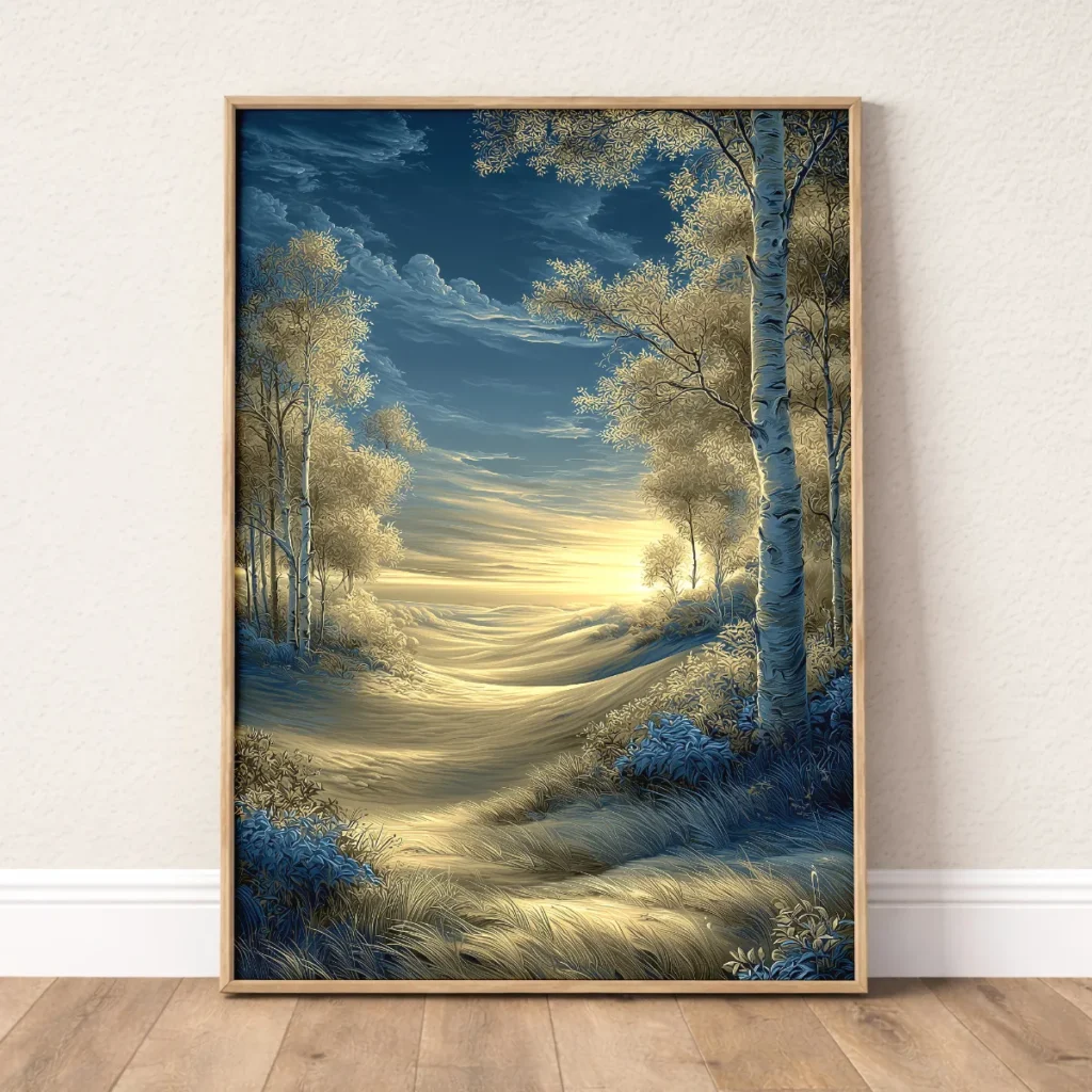 Valley wall art with birch trees, golden sunset, and quiet twilight landscape
