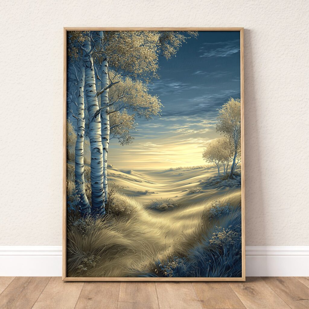 Valley wall art with birch trees, golden sunset, and distant horizon