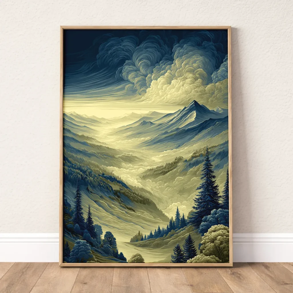 Landscape wall art with atmospheric valley and distant mountains