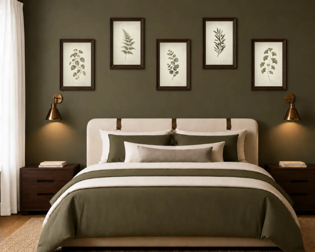 Vintage green botanical gallery wall arranged above a bed in an organic modern bedroom.