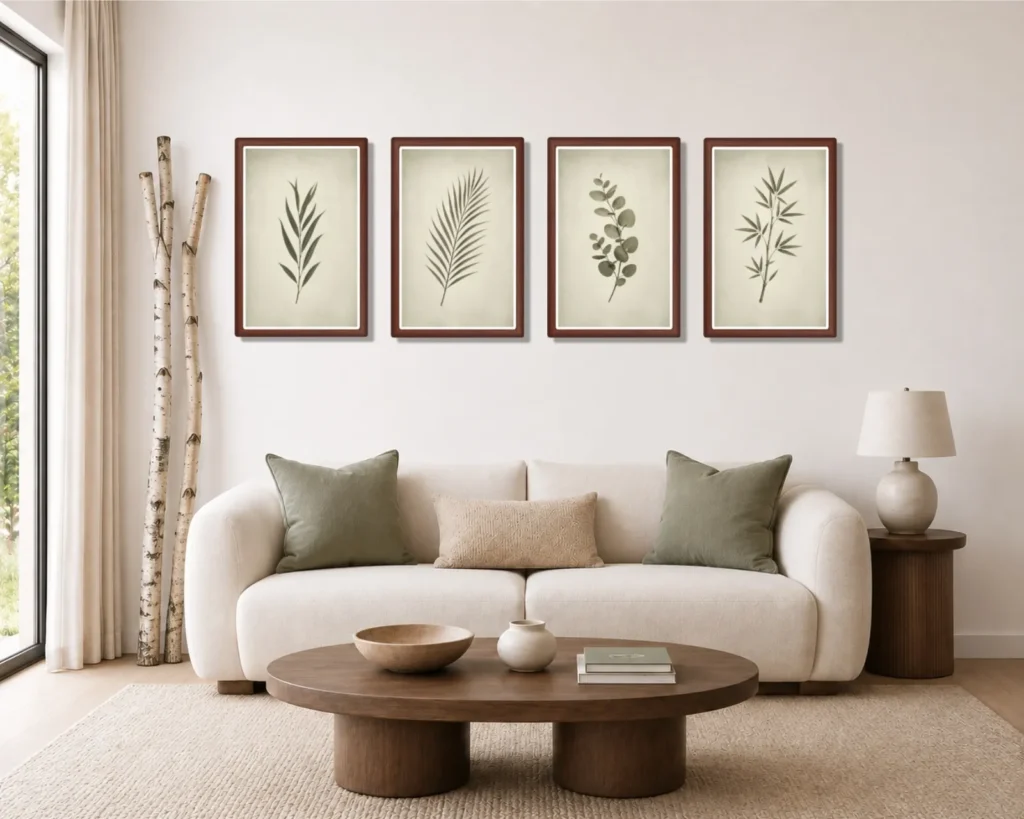 Four vintage green botanical prints arranged in a row above a cream sofa in an organic modern living room.