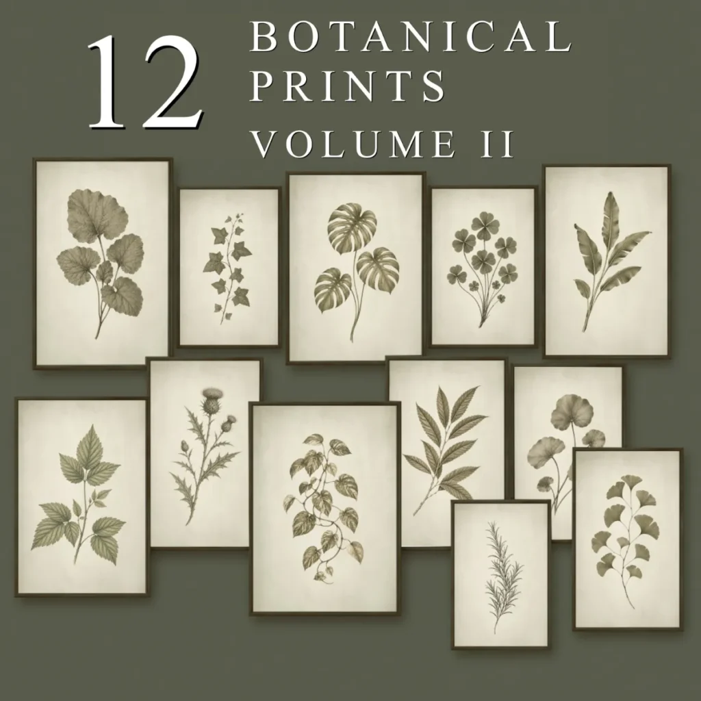 Set of 12 vintage green botanical prints Volume II displayed as a coordinated gallery wall with muted green leaf and plant artwork.