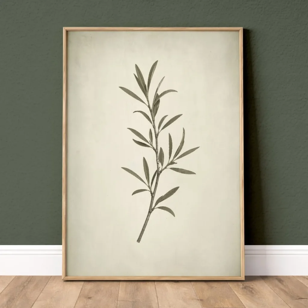 Vintage green almond leaves botanical wall art print