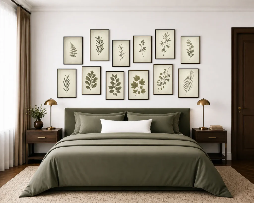 Vintage green botanical wall art collection displayed in a bedroom interior