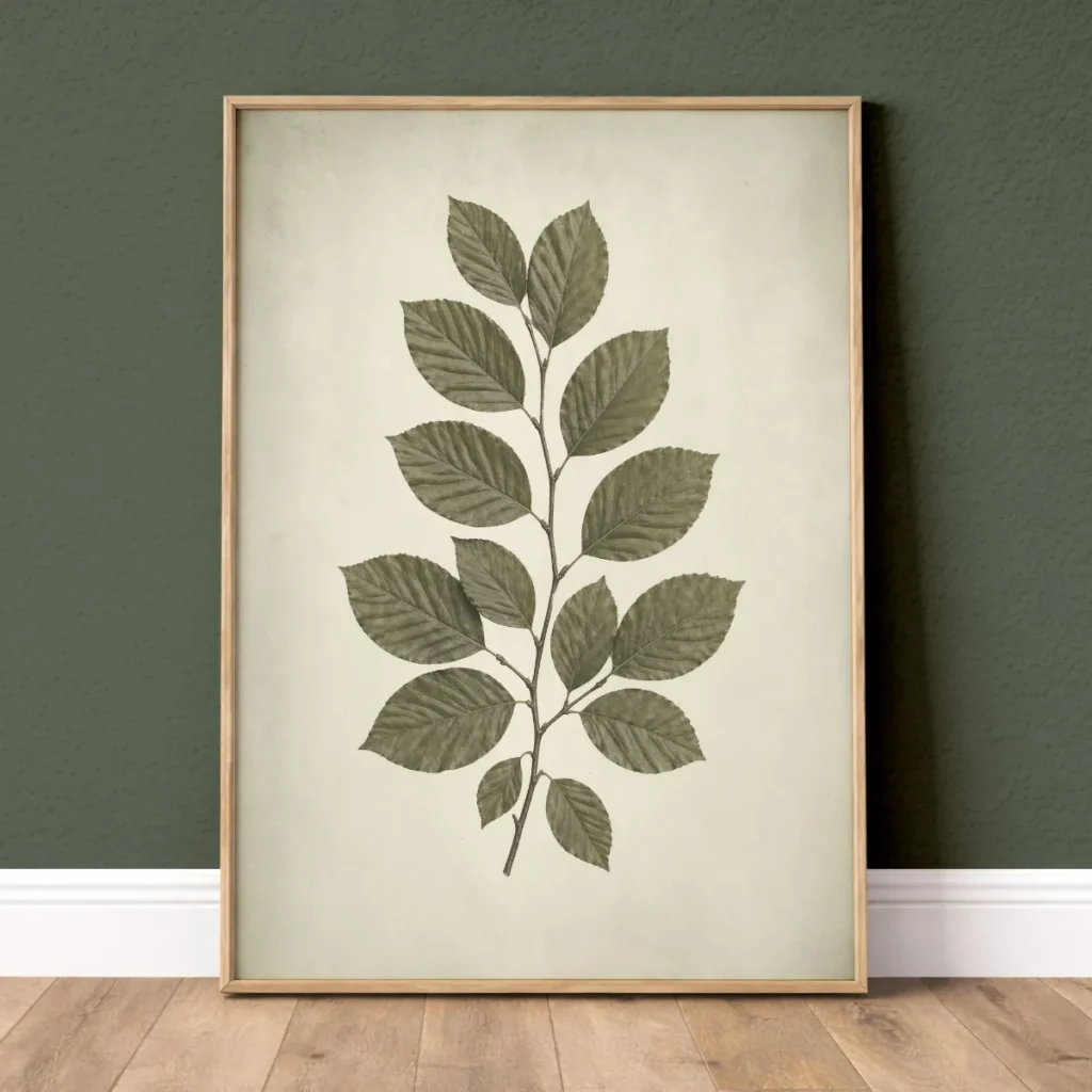 Vintage green beech leaves botanical wall art print