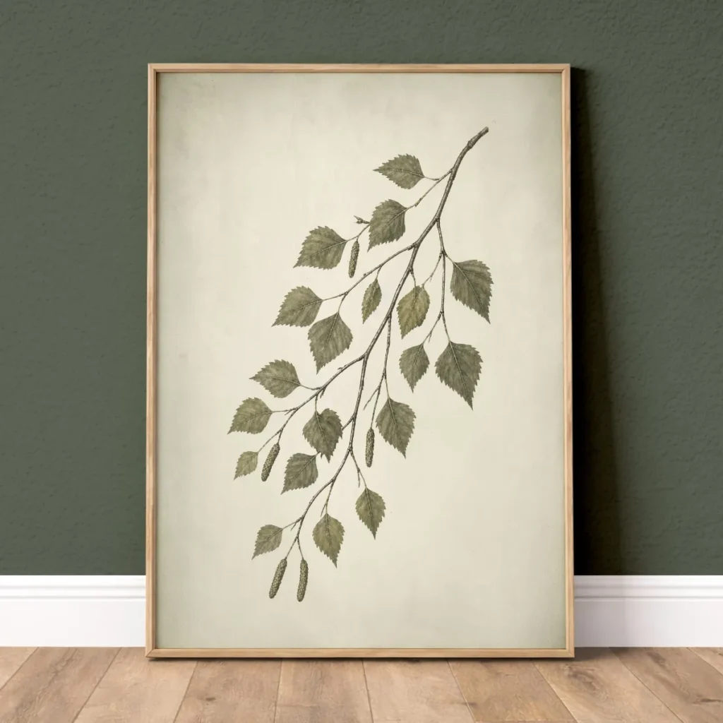 Vintage green birch leaves botanical wall art print