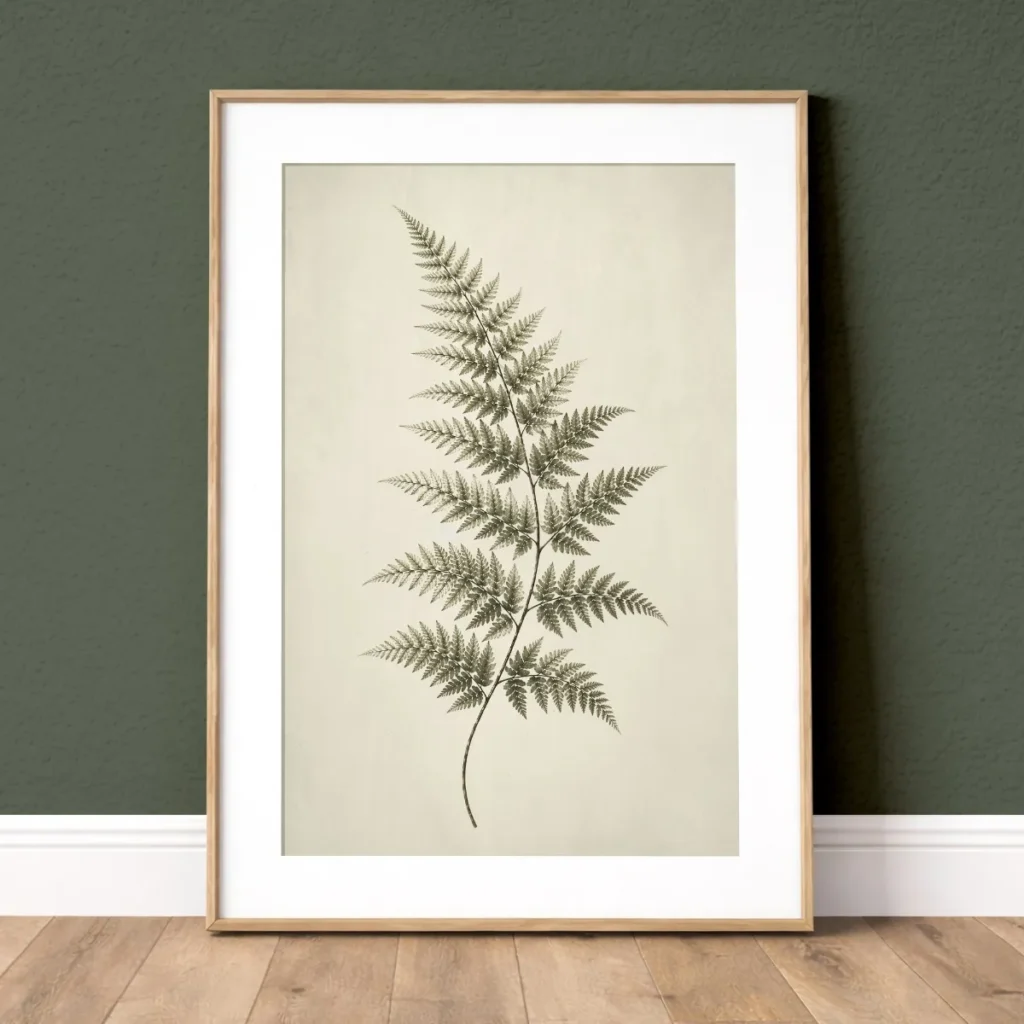 Framed vintage green botanical print with a delicate fern leaf, soft ivory paper tones, and a light wood frame on a muted green wall.