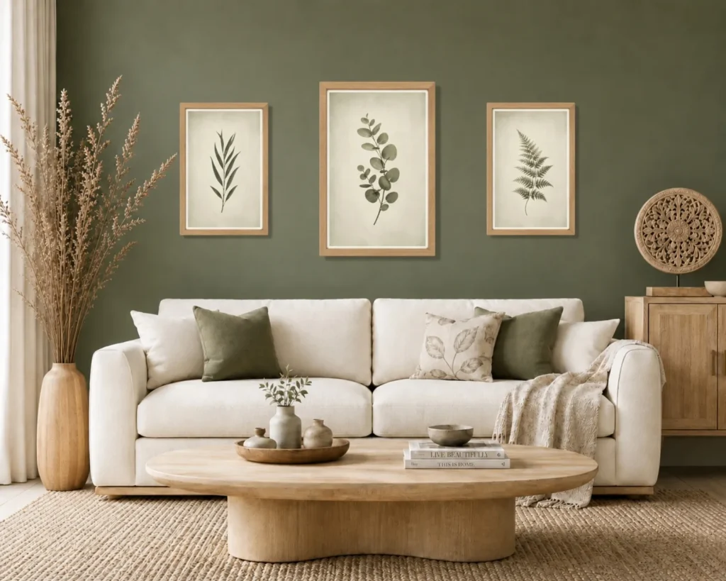 Three vintage green botanical prints arranged with one larger center artwork above a cream sofa in an organic modern living room.