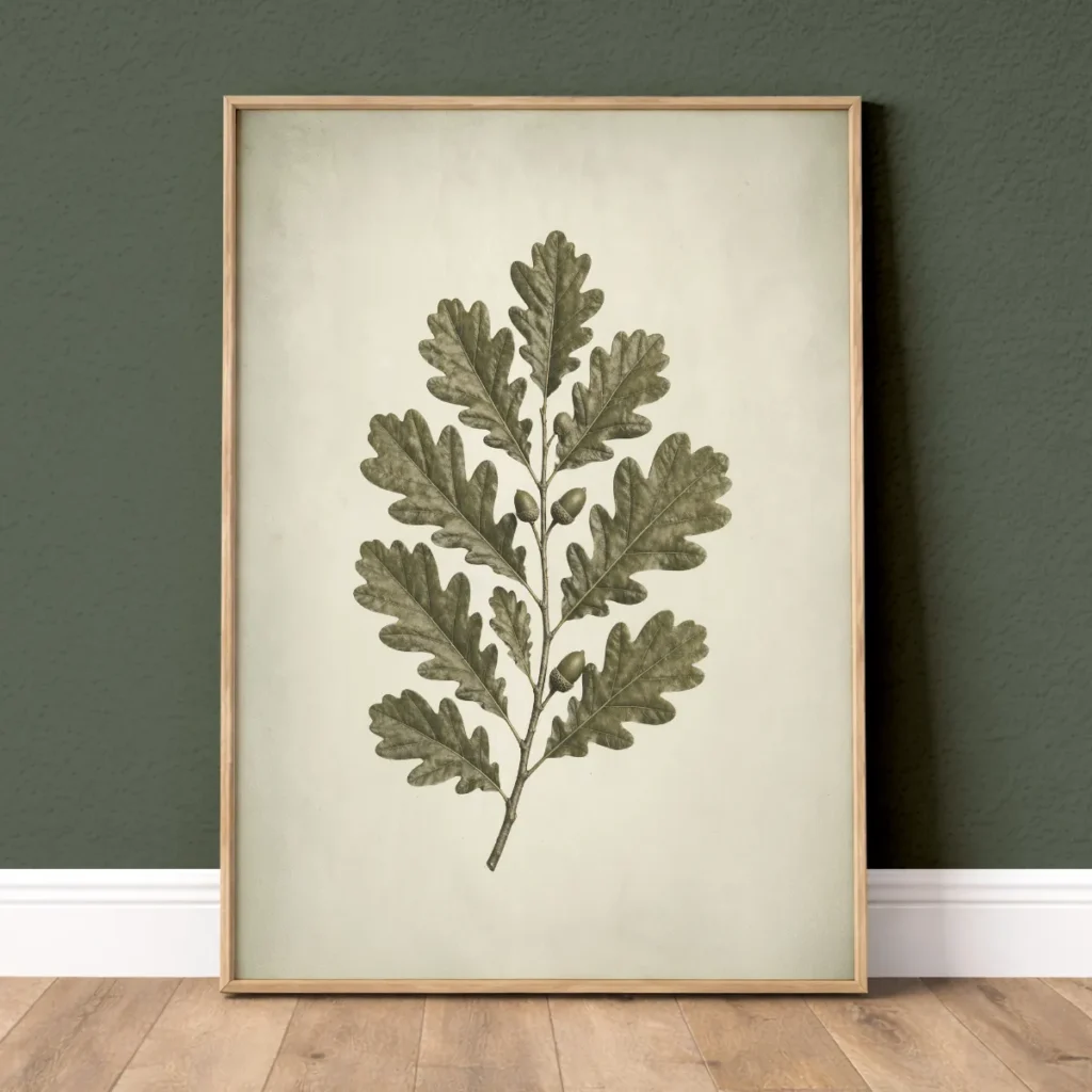 Vintage green oak leaves botanical wall art print