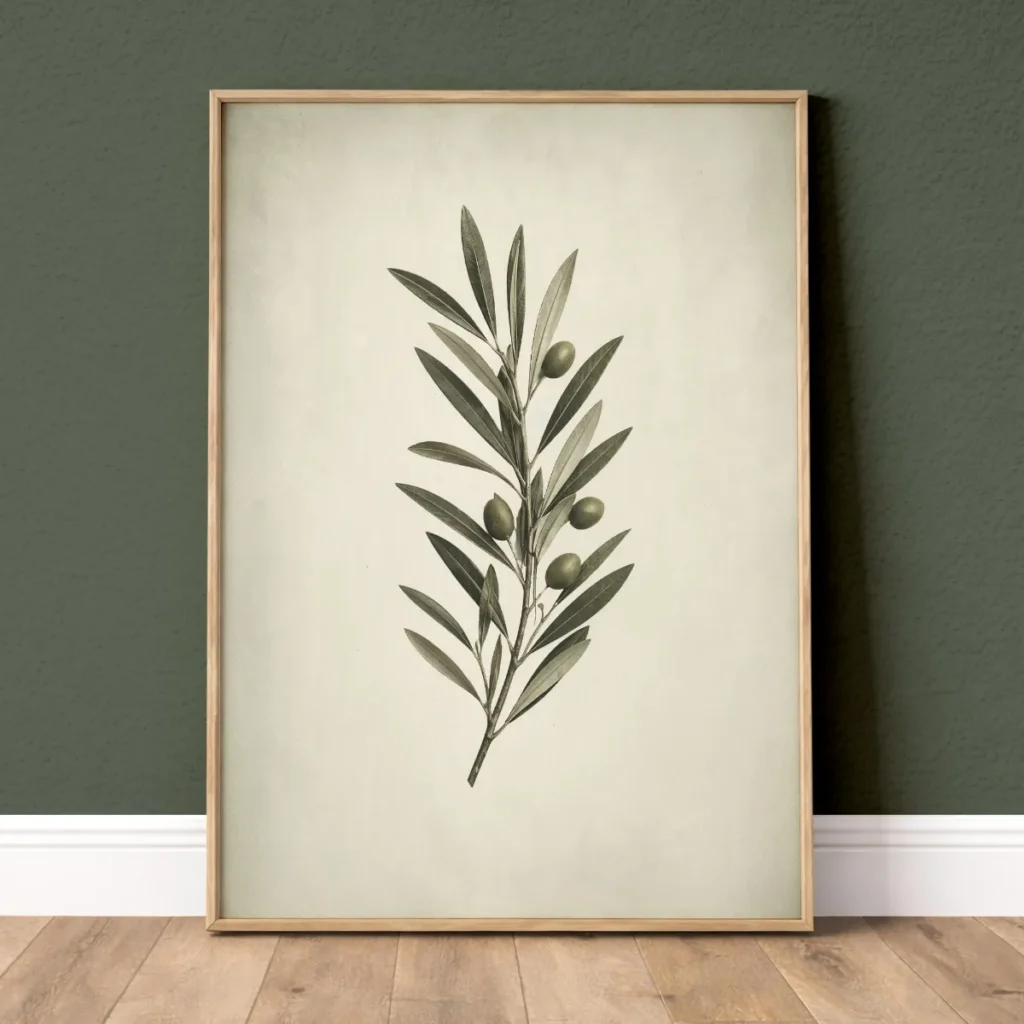 Vintage green olive leaves botanical wall art print