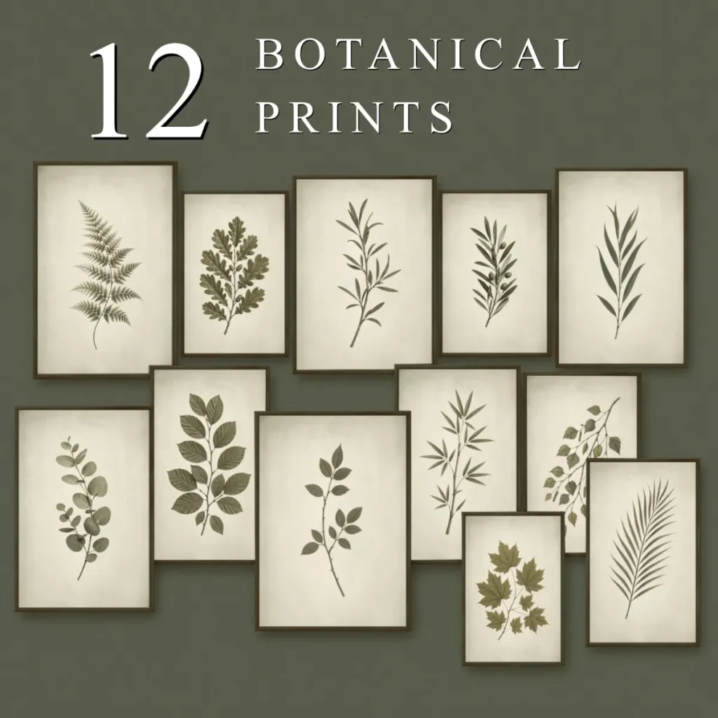 Vintage green botanical wall art set of 12 prints
