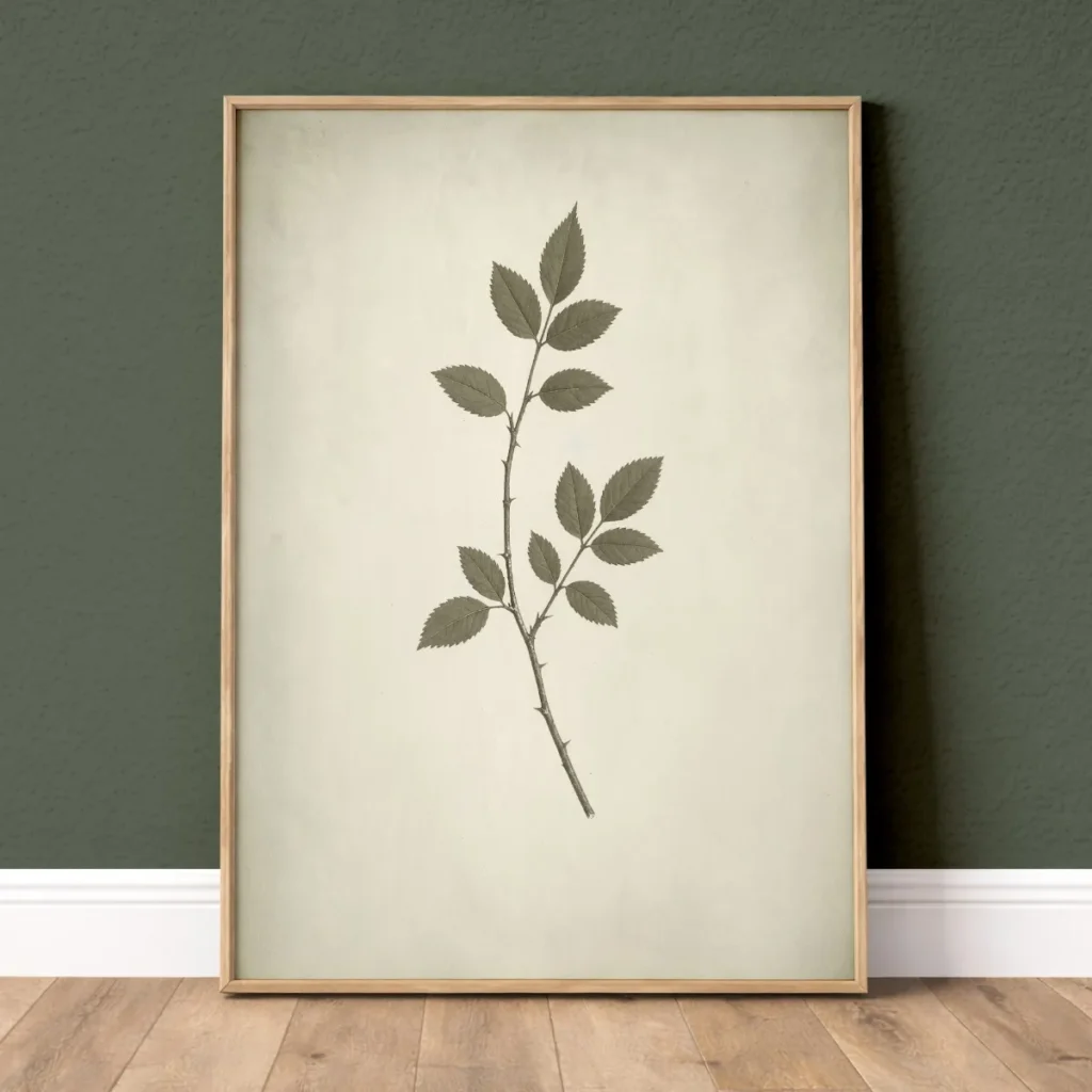 Vintage green wiild rose leaves botanical wall art print