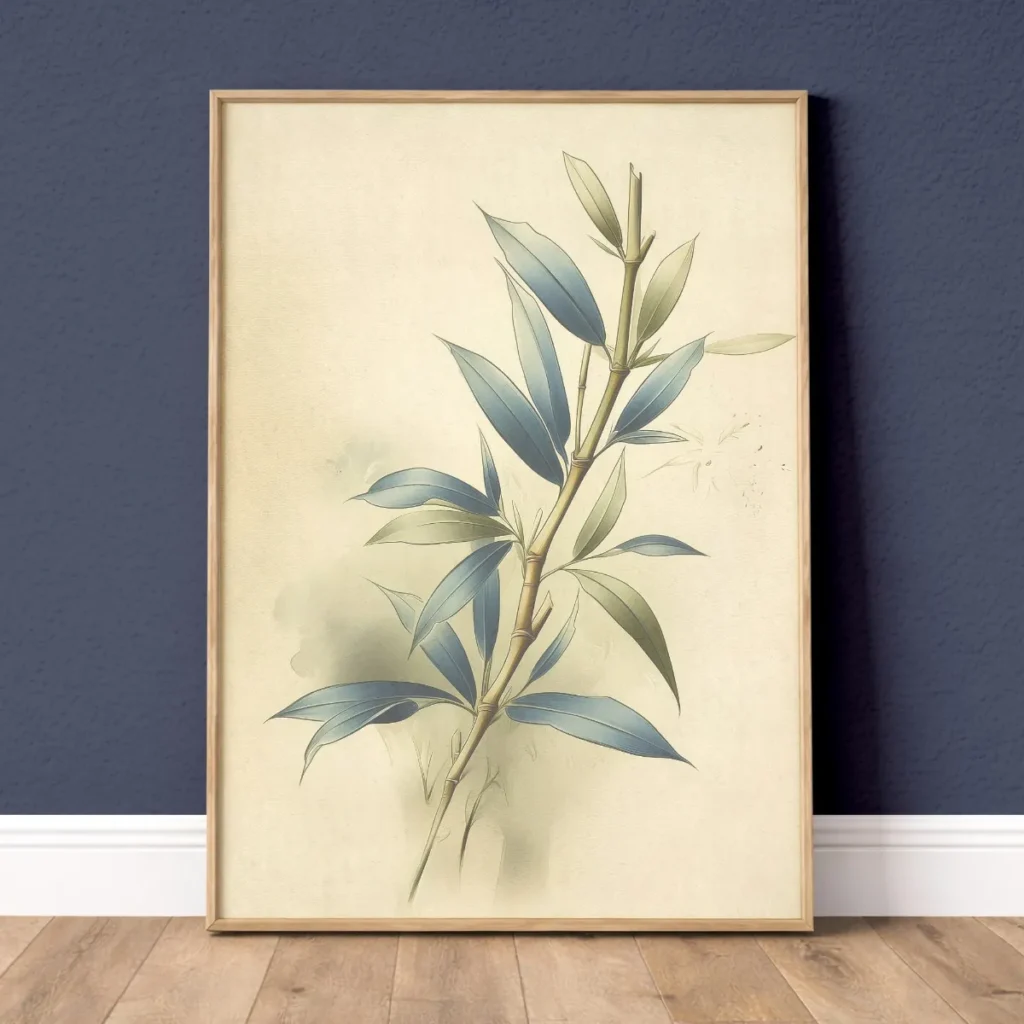 Abstract ivory blue bamboo leaf botanical wall art print