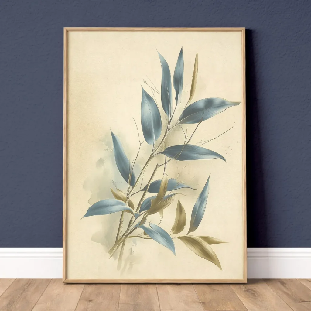 Abstract ivory blue botanical leaf wall art print