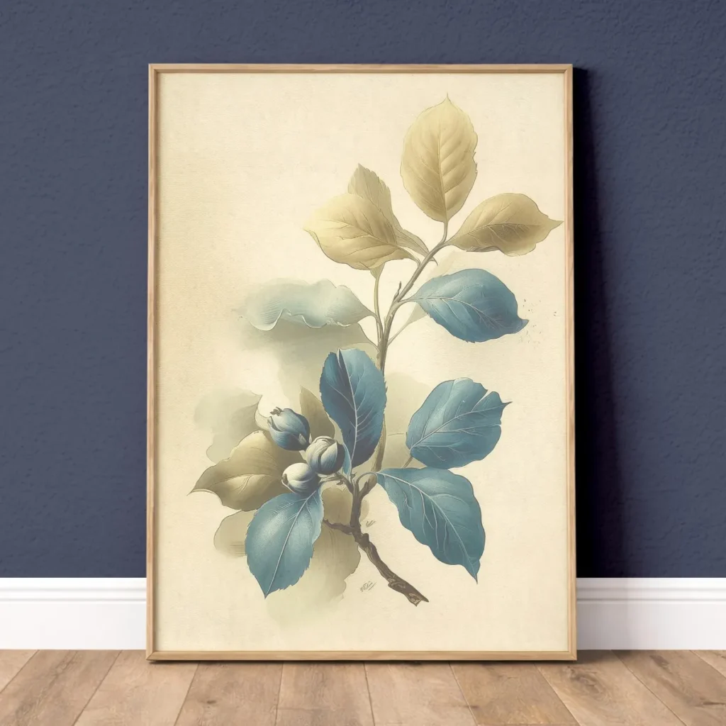 Abstract ivory blue branch botanical wall art print