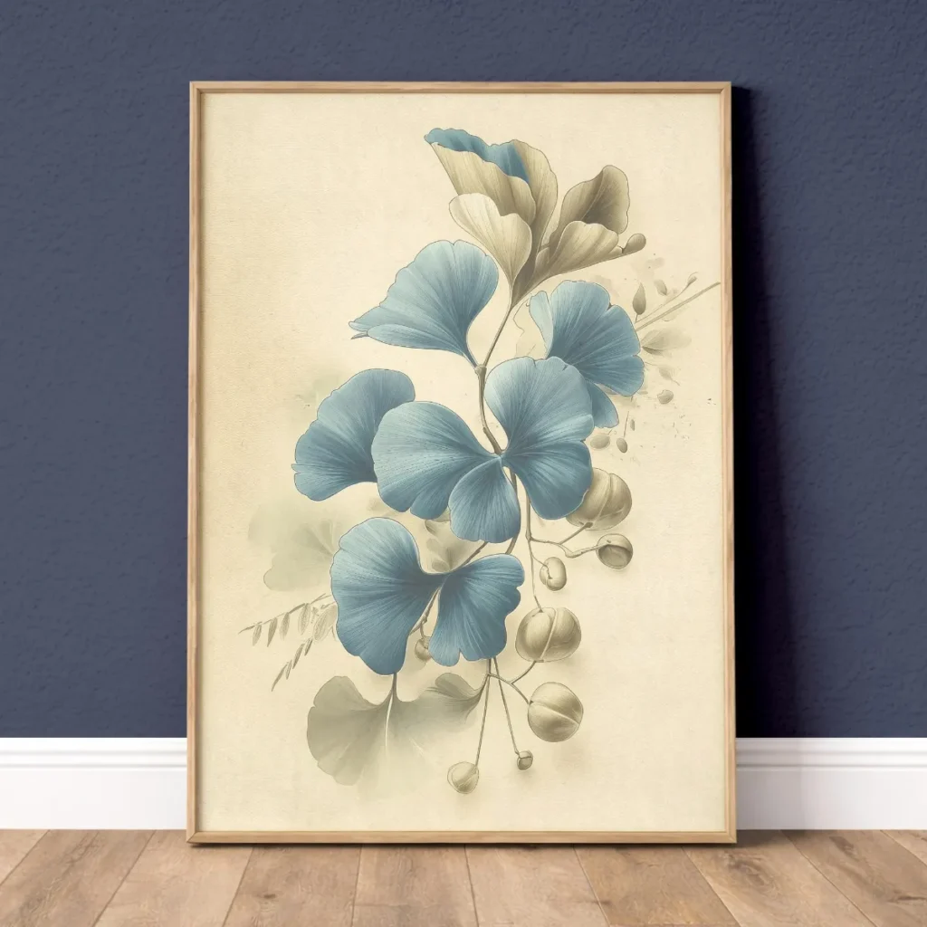 Abstract ivory blue fan leaf botanical wall art print