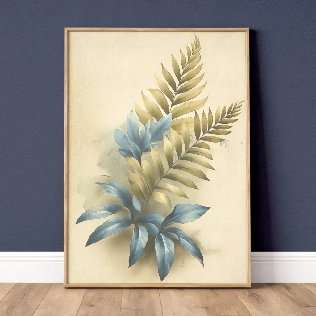 Abstract ivory blue fern botanical wall art print